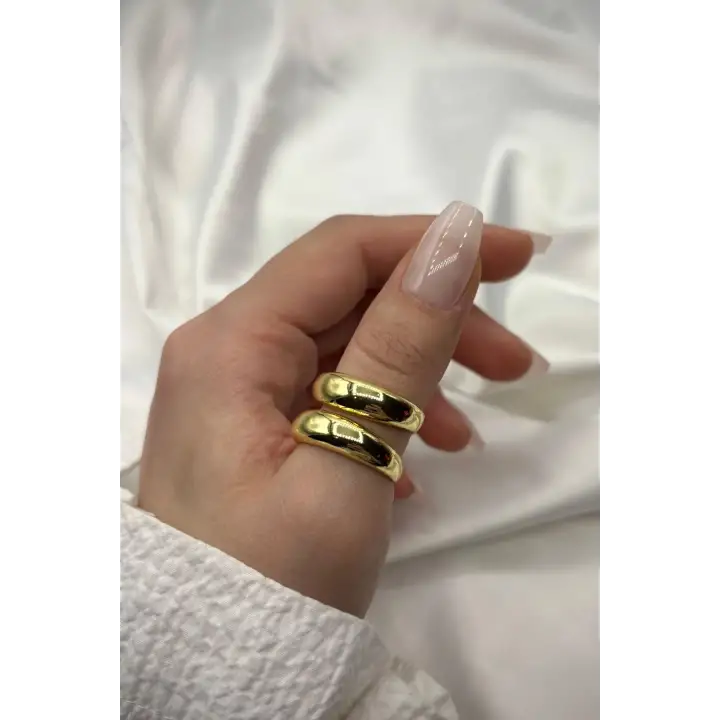 Özel Cilalı Ikili Görünüm Ayarlanabilir Kadın Çelik Yüzük Gold Kararmaz Renk Atmaz