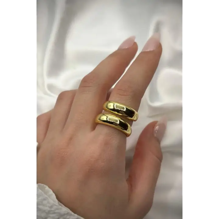 Özel Cilalı Ikili Görünüm Ayarlanabilir Kadın Çelik Yüzük Gold Kararmaz Renk Atmaz