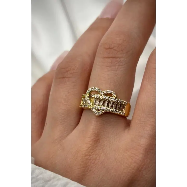 Kalp İçi Yarım Tur Zirkon Taşlı Tasarım Model Ayarlanabilir Kadın Çelik Yüzük Gold Kararmaz