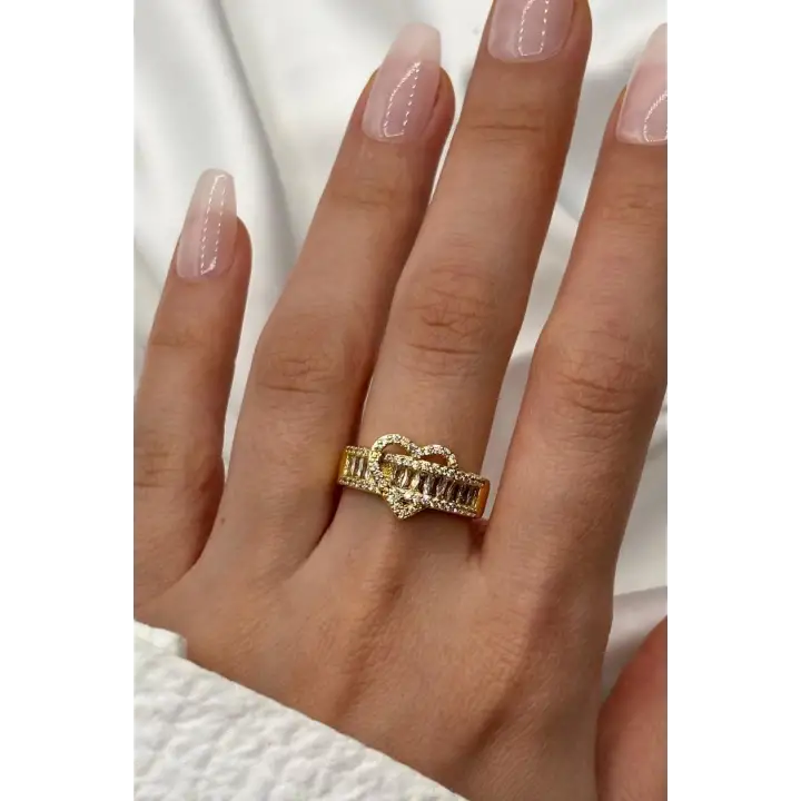Kalp İçi Yarım Tur Zirkon Taşlı Tasarım Model Ayarlanabilir Kadın Çelik Yüzük Gold Kararmaz