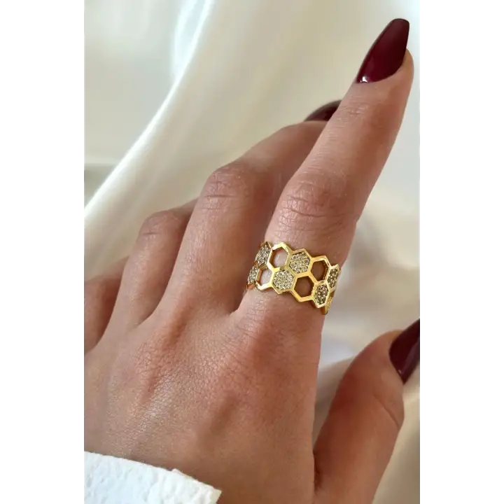 İkili Bal Peteği Tasarım Zirkon Taşlı Ayarlanabilir Kadın Çelik Yüzük Gold Kararmaz Renk Atmaz