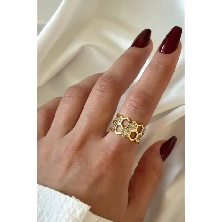 İkili Bal Peteği Tasarım Zirkon Taşlı Ayarlanabilir Kadın Çelik Yüzük Gold Kararmaz Renk Atmaz
