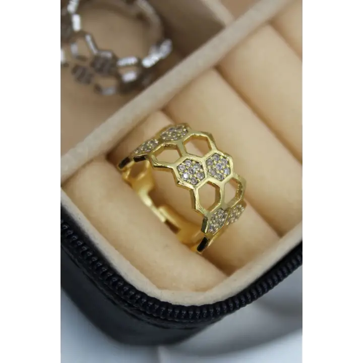 İkili Bal Peteği Tasarım Zirkon Taşlı Ayarlanabilir Kadın Çelik Yüzük Gold Kararmaz Renk Atmaz