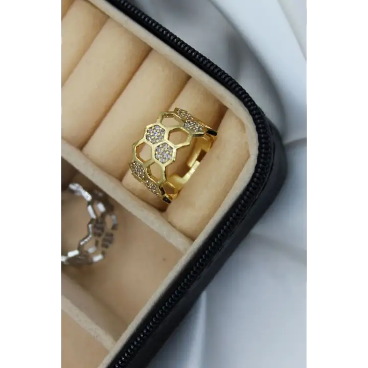 İkili Bal Peteği Tasarım Zirkon Taşlı Ayarlanabilir Kadın Çelik Yüzük Gold Kararmaz Renk Atmaz