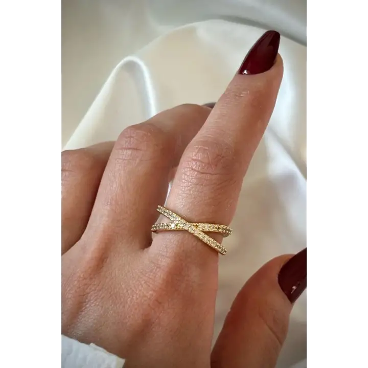 Çapraz Tasarım Zirkon Taşlı Ayarlanabilir Kadın Çelik Yüzük Gold Kararmaz Renk Atmaz