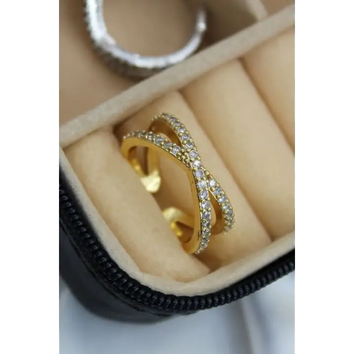 Çapraz Tasarım Zirkon Taşlı Ayarlanabilir Kadın Çelik Yüzük Gold Kararmaz Renk Atmaz