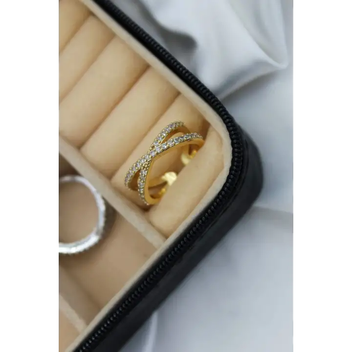Çapraz Tasarım Zirkon Taşlı Ayarlanabilir Kadın Çelik Yüzük Gold Kararmaz Renk Atmaz