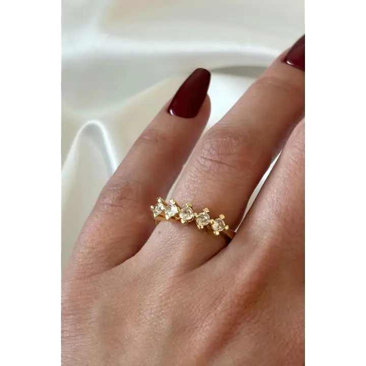 Klasik Mini Zirkon Taşlı 5 Taş Ayarlanabilir Kadın Çelik Yüzük Gold Kararmaz Renk Atmaz