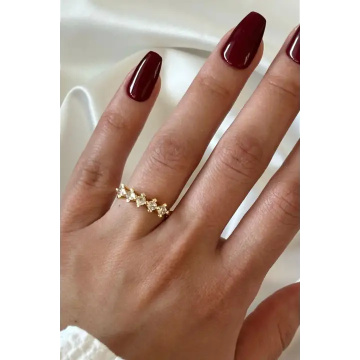 Klasik Mini Zirkon Taşlı 5 Taş Ayarlanabilir Kadın Çelik Yüzük Gold Kararmaz Renk Atmaz
