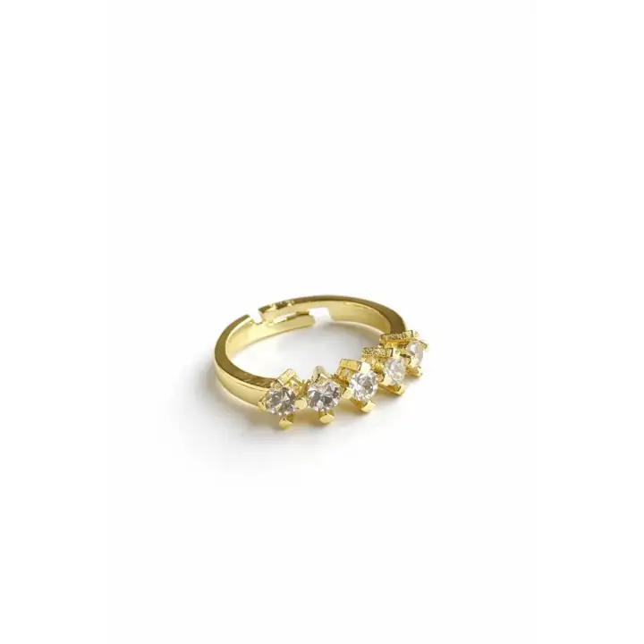 Klasik Mini Zirkon Taşlı 5 Taş Ayarlanabilir Kadın Çelik Yüzük Gold Kararmaz Renk Atmaz