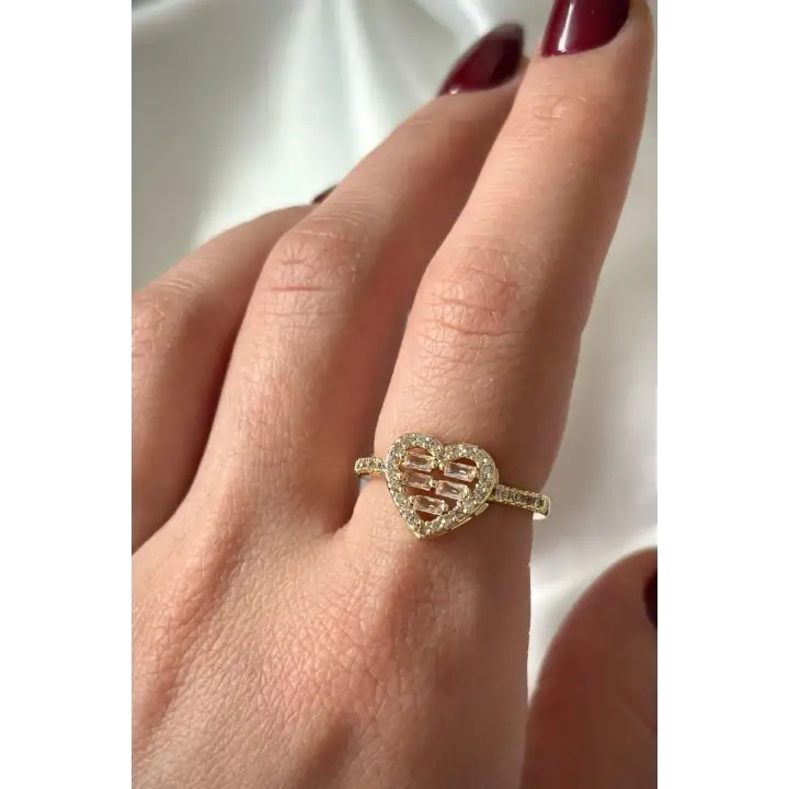 Heart Layer Model Baget Taşlı Kalp Tasarım Ayarlanabilir Kadın Çelik Yüzük Gold Kararmaz Renk Atmaz