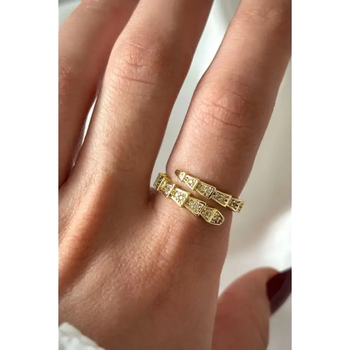 Famed Zirkon Taşlı Yılan Tasarım Ayarlanabilir Kadın Çelik Yüzük Gold Kararmaz Renk Atmaz