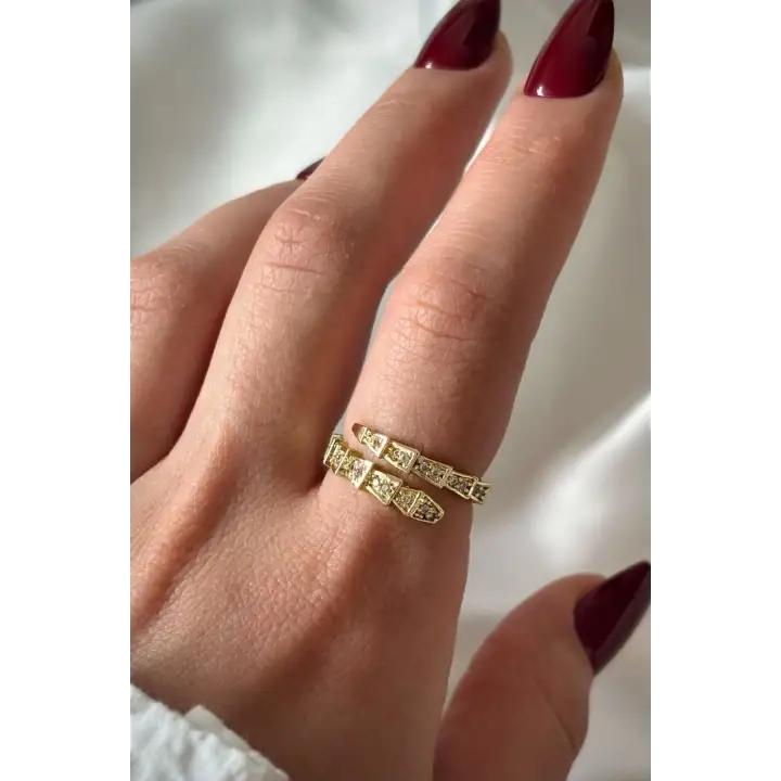 Famed Zirkon Taşlı Yılan Tasarım Ayarlanabilir Kadın Çelik Yüzük Gold Kararmaz Renk Atmaz