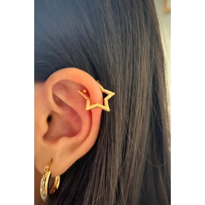 Yıldız Tasarım Sıkıştırmalı Earcuff Kıkırdak Çelik Küpe Gold Kararmaz Renk Atmaz