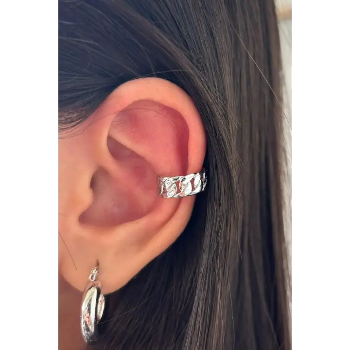 Gumet Tasarım Sıkıştırmalı Earcuff Kıkırdak Kadın Çelik Küpe Gümüş Kararmaz Renk Atmaz