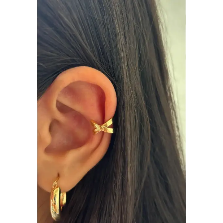 Çapraz Görünüm Sıkıştırmalı Earcuff Kıkırdak Kadın Çelik Küpe Gold Kararmaz Renk Atmaz