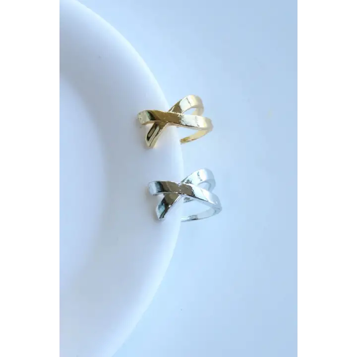 Çapraz Görünüm Sıkıştırmalı Earcuff Kıkırdak Kadın Çelik Küpe Gold Kararmaz Renk Atmaz
