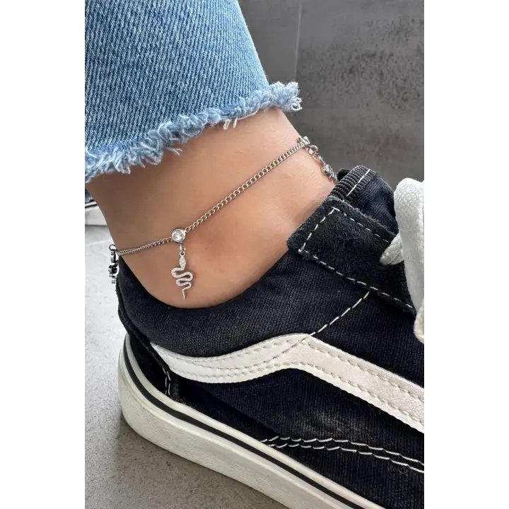 Sallantılı Yılan Model Kadın Halhal Gümüş Kararmaz Renk Atmaz