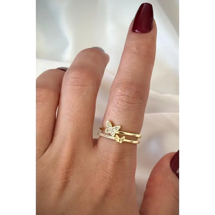 Özel Tasarım Kelebek Model İkili İnce Yarım Tur Zirkon Taşlı Ayarlanabilir Kadın Çelik Yüzük Gold