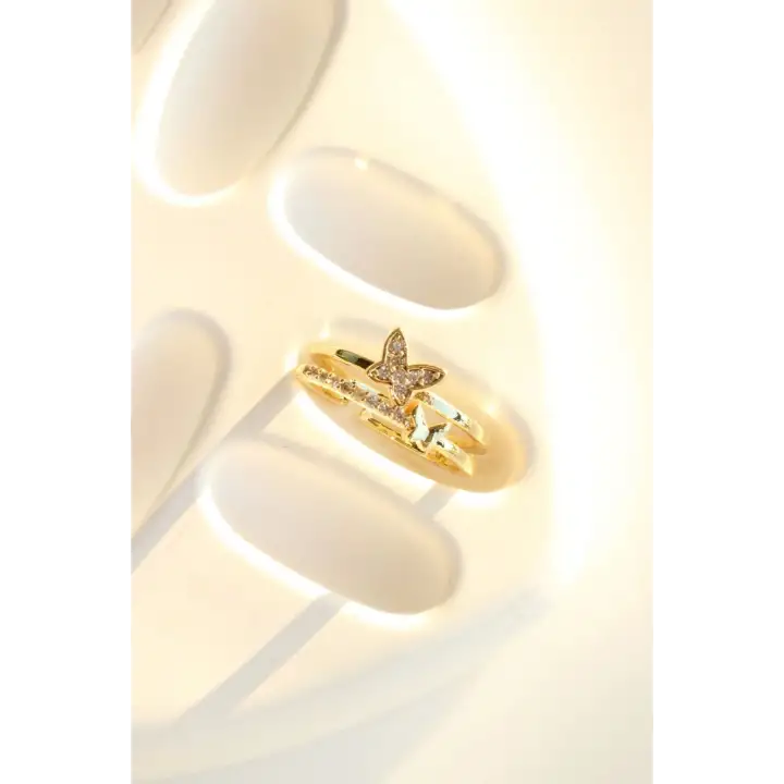 Özel Tasarım Kelebek Model İkili İnce Yarım Tur Zirkon Taşlı Ayarlanabilir Kadın Çelik Yüzük Gold