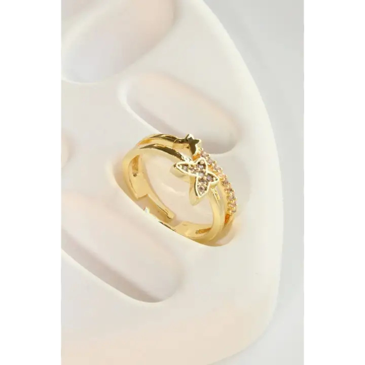 Özel Tasarım Kelebek Model İkili İnce Yarım Tur Zirkon Taşlı Ayarlanabilir Kadın Çelik Yüzük Gold