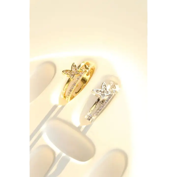 Özel Tasarım Kelebek Model İkili İnce Yarım Tur Zirkon Taşlı Ayarlanabilir Kadın Çelik Yüzük Gold
