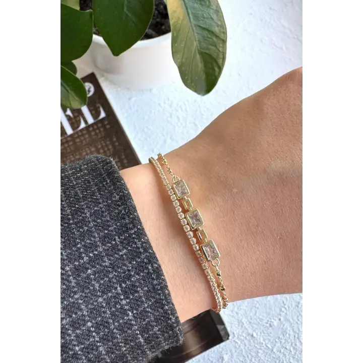 Yeni Sezon Çift Sıra Zincirli Baget Taşlı Su Yolu Garantili Kadın Çelik Bileklik Gold Kararmaz
