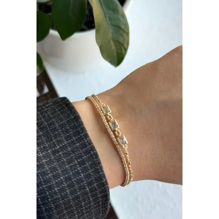 Yeni Sezon Çift Sıra Zincirli Baget Taşlı Su Yolu Garantili Kadın Çelik Bileklik Gold Kararmaz
