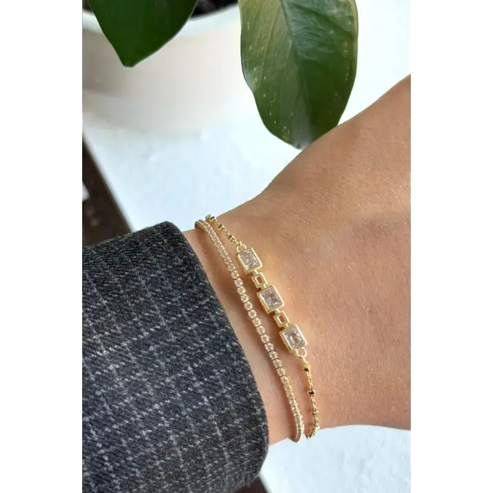 Yeni Sezon Çift Sıra Zincirli Baget Taşlı Su Yolu Garantili Kadın Çelik Bileklik Gold Kararmaz