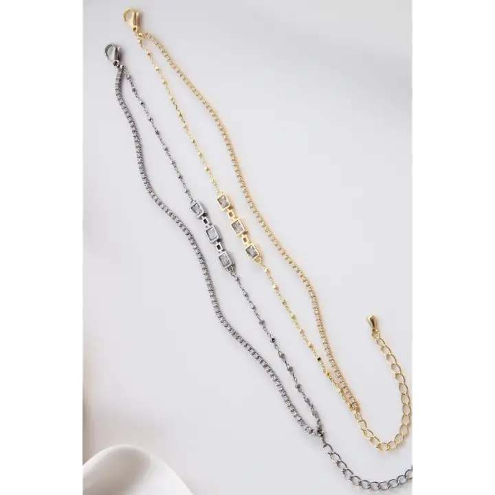 Yeni Sezon Çift Sıra Zincirli Baget Taşlı Su Yolu Garantili Kadın Çelik Bileklik Gold Kararmaz