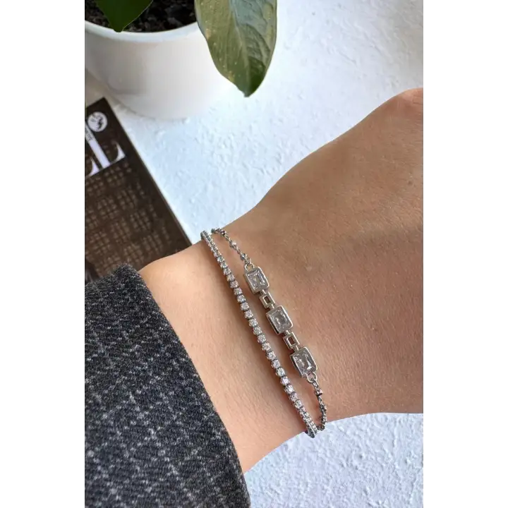 Yeni Sezon Çift Sıra Zincirli Baget Taşlı Su Yolu Garantili Kadın Çelik Bileklik Gümüş Kararmaz
