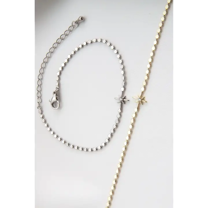 Yeni Sezon Ezme Zincirli Kuzey Yıldızı Model Garantili Kadın Çelik Bileklik Gümüş Kararmaz