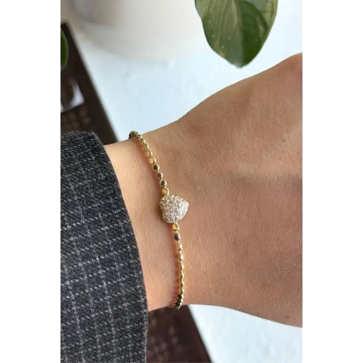 Seri Ezme Zincirli Full Taşlı Kalp Model Garantili Kadın Çelik Bileklik Gold Kararmaz Renk Atmaz