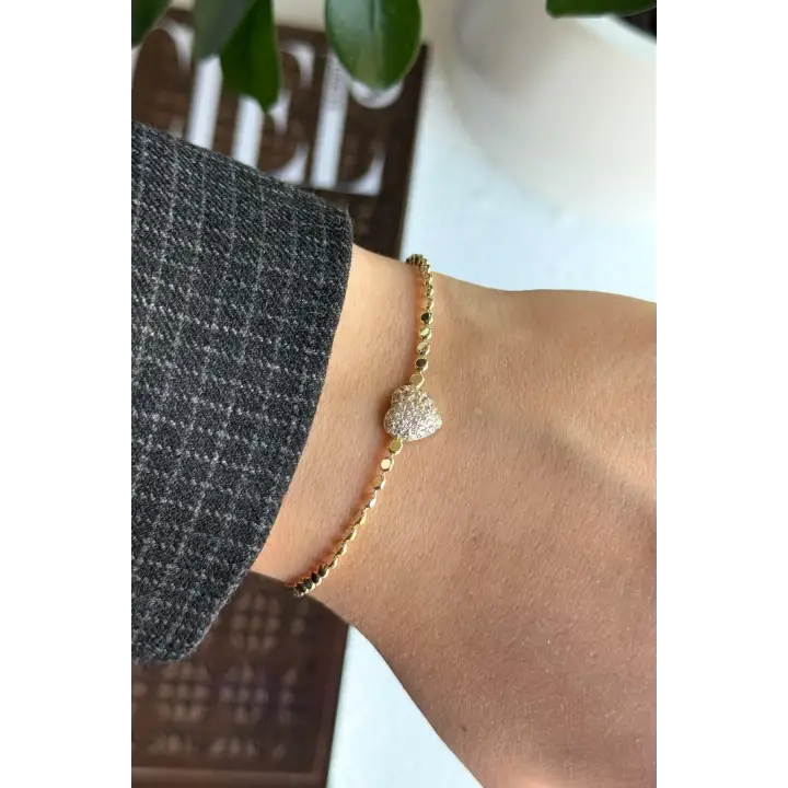 Seri Ezme Zincirli Full Taşlı Kalp Model Garantili Kadın Çelik Bileklik Gold Kararmaz Renk Atmaz