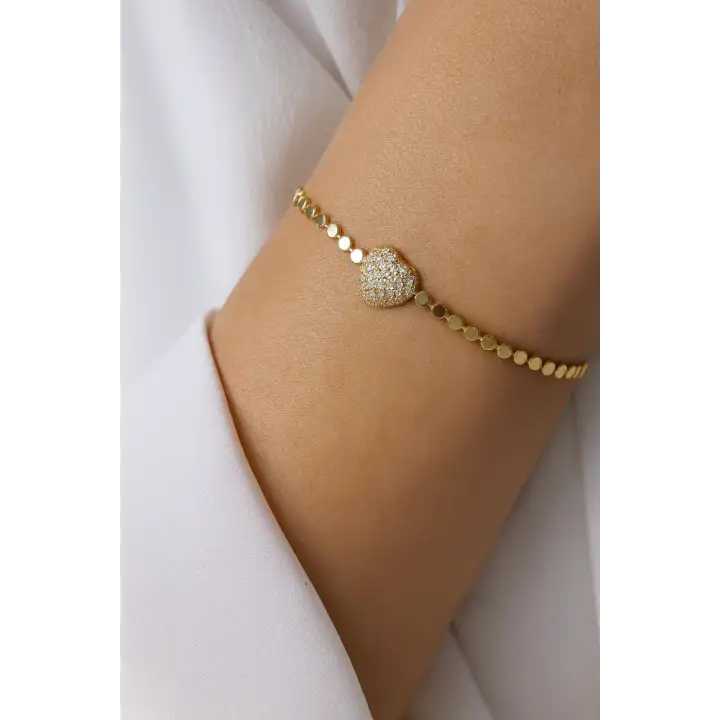 Seri Ezme Zincirli Full Taşlı Kalp Model Garantili Kadın Çelik Bileklik Gold Kararmaz Renk Atmaz