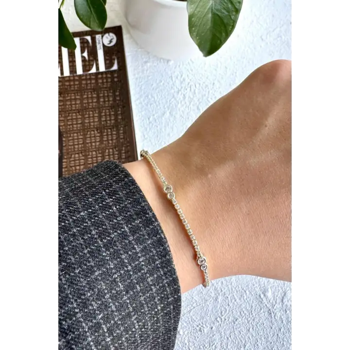 Seri Full Taşlı Su Yolu Çoklu Damla Model Garantili Kadın Çelik Bileklik Sarı Kararmaz Renk Atmaz