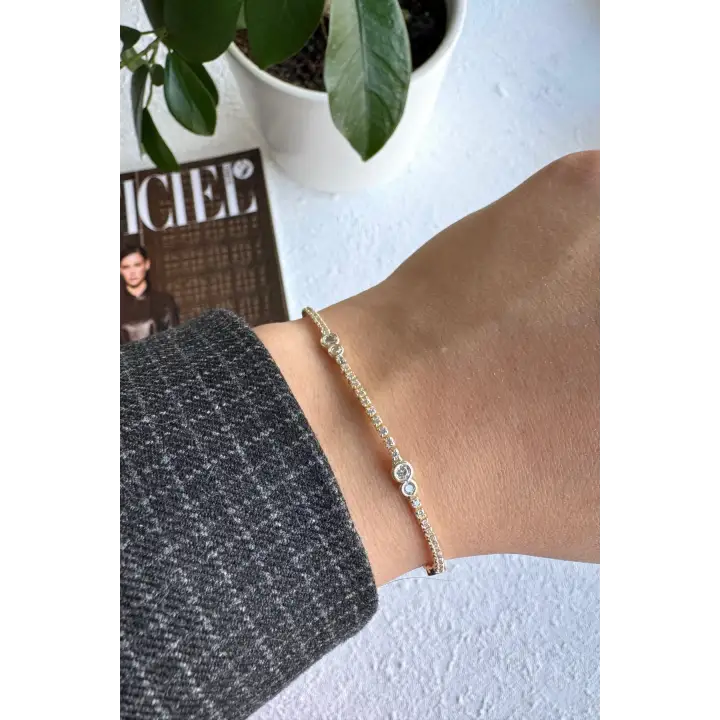 Seri Full Taşlı Su Yolu Çoklu Damla Model Garantili Kadın Çelik Bileklik Sarı Kararmaz Renk Atmaz