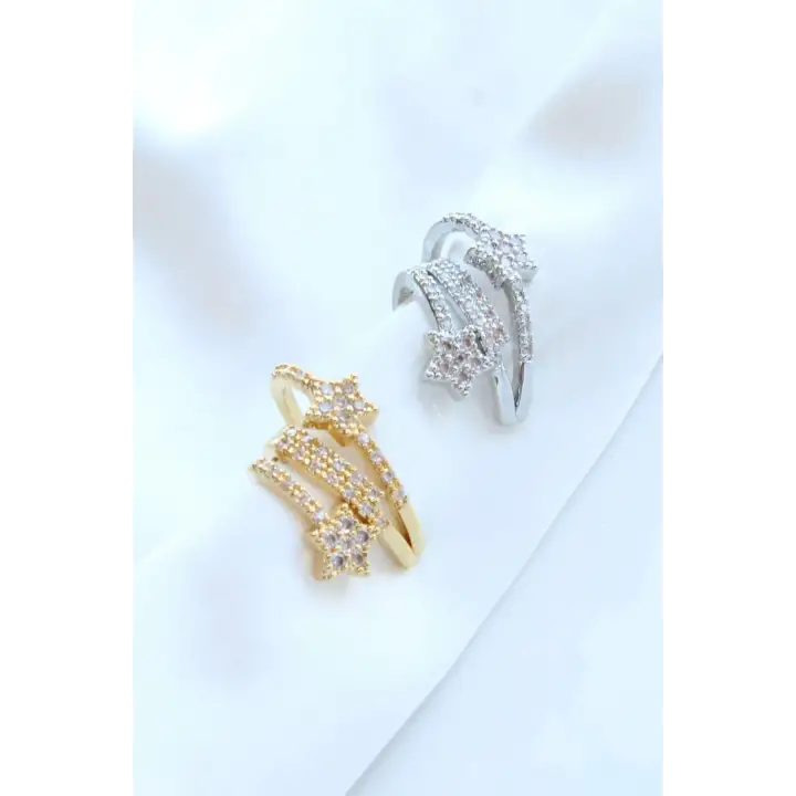 Çoklu Görünüm Zirkon Taşlı Yıldız Model Earcuff Kıkırdak Kıkırdak Küpe Gold Kararmaz Renk Atmaz