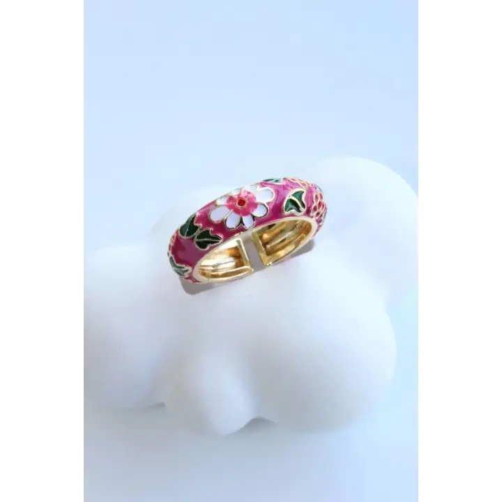 Çok Renkli Çiçek Desen Mineli Ayarlanabilir Kadın Çelik Yüzük Kararmaz Renk Atmaz