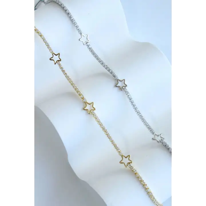 Seri Full Taşlı Su Yolu Çoklu Yıldız Model Garantili Kadın Çelik Bileklik Gümüş Kararmaz Renk Atmaz