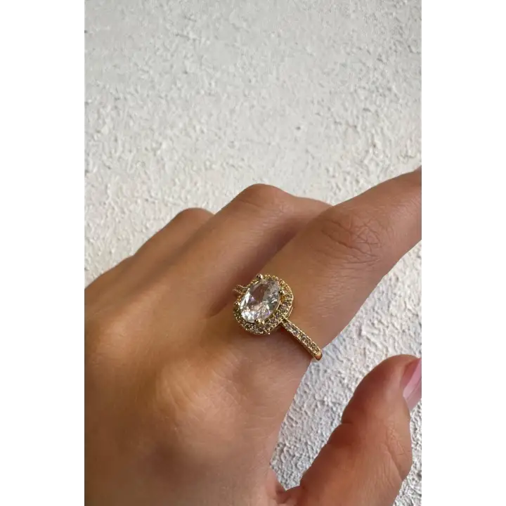 Ovelia Baget Tek Taş Yarım Tur Minimal Taşlı Tasarım Ayarlanabilir Kadın Çelik Yüzük Altın Kararmaz