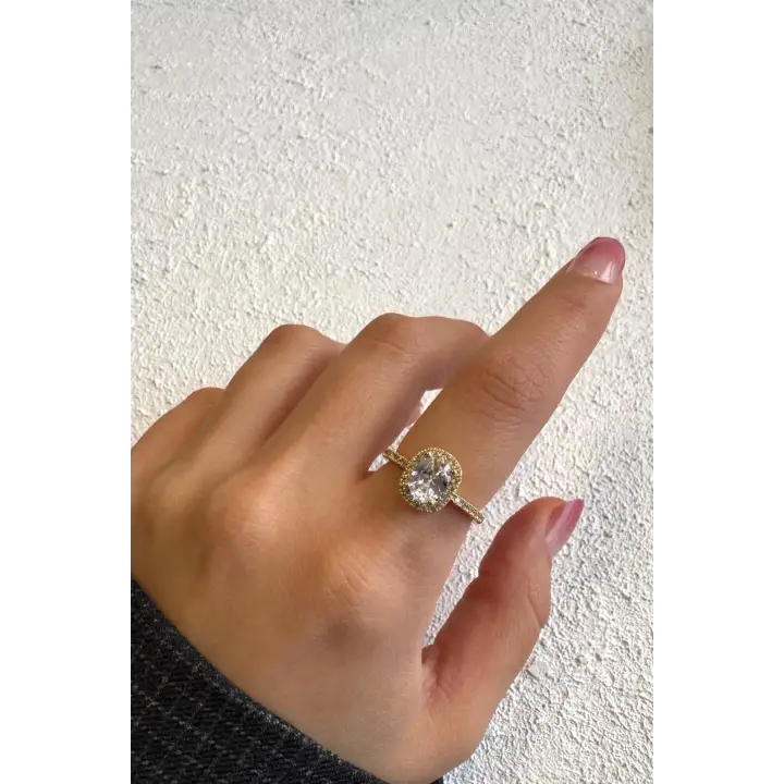 Ovelia Baget Tek Taş Yarım Tur Minimal Taşlı Tasarım Ayarlanabilir Kadın Çelik Yüzük Altın Kararmaz