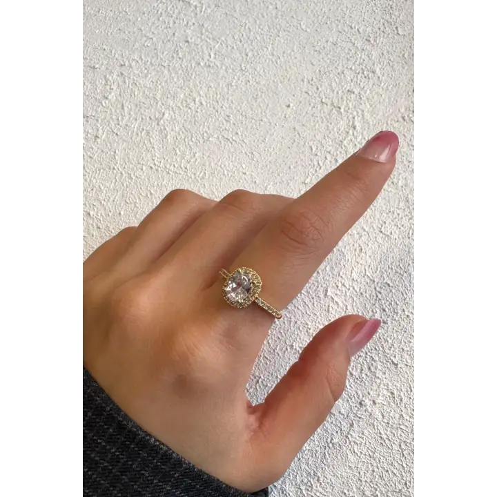 Ovelia Baget Tek Taş Yarım Tur Minimal Taşlı Tasarım Ayarlanabilir Kadın Çelik Yüzük Altın Kararmaz