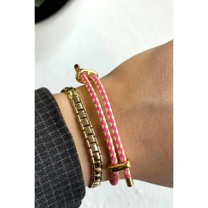 Detaylı Ayarlanabilir Örme İp Kadın Çelik Bileklik Açık Sarı Pembe Kararmaz Renk Atmaz