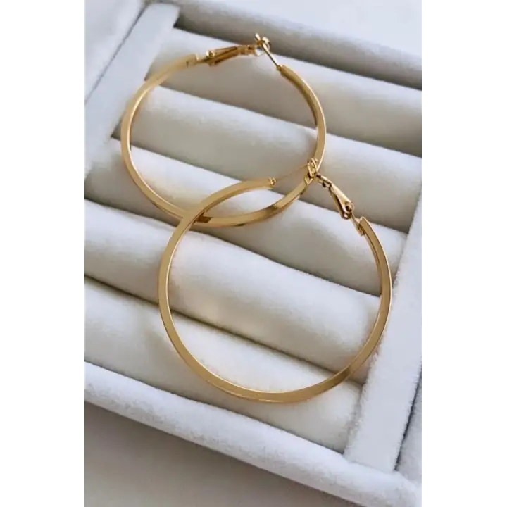 Köşeli Halka Tasarım 4 Cm Kadın Çelik Küpe Altın Kararmaz Renk Atmaz