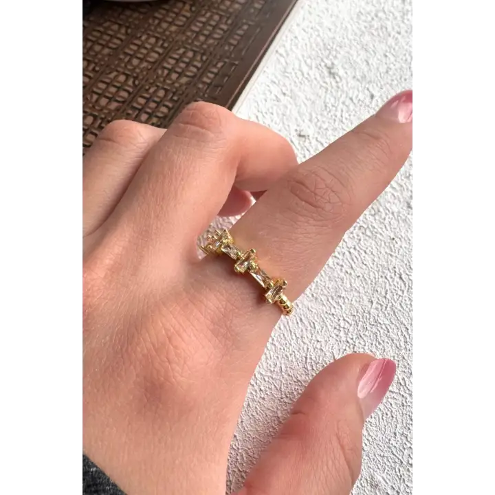 Ters Düz Baget Taşlı Ayarlanabilir Kadın Çelik Yüzük Altın Kararmaz Renk Atmaz