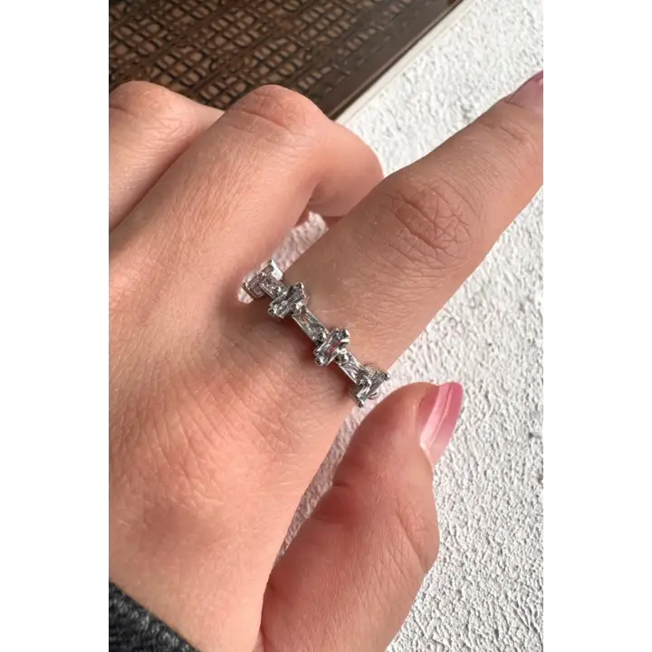 Ters Düz Baget Taşlı Ayarlanabilir Kadın Çelik Yüzük Gümüş Kararmaz Renk Atmaz