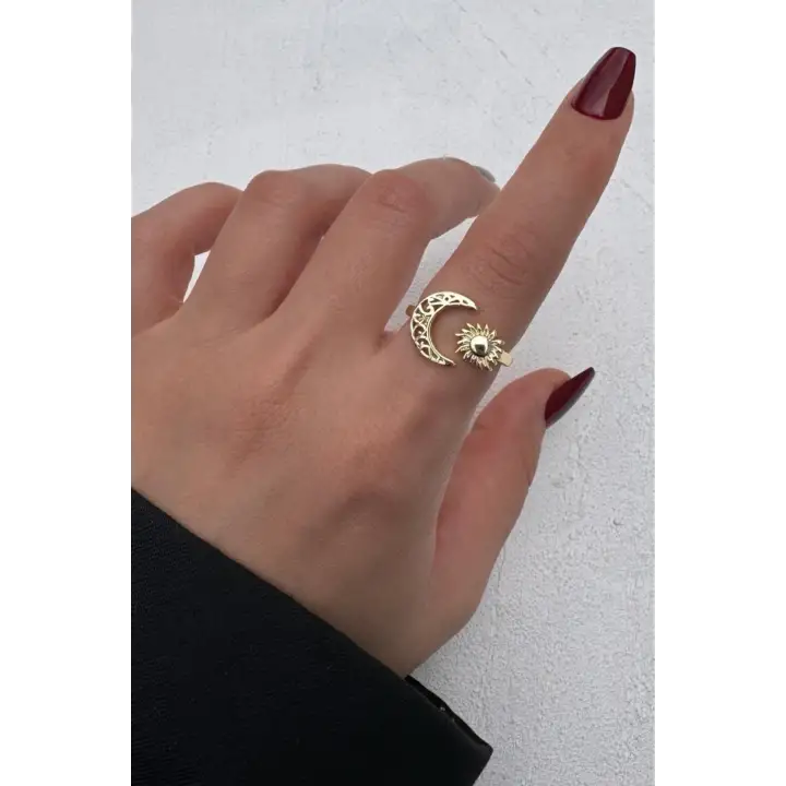 Vintage Seri Güneş Hilal Tasarım Ayarlanabilir Kadın Çelik Yüzük Altın Kararmaz Renk Atmaz