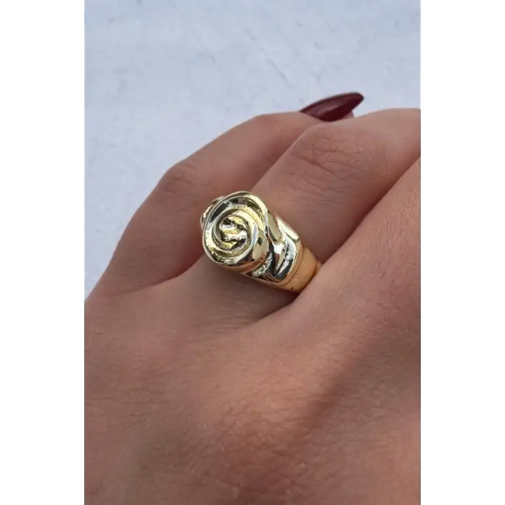 Vintage Seri Gül Motifli Spiral Form Ayarlanabilir Kadın Çelik Yüzük Altın Kararmaz Renk Atmaz