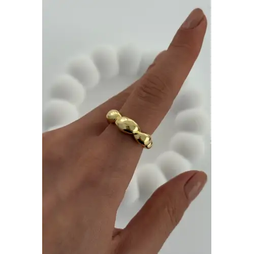 Cilalı Asimetrik Bombeli Günlük Ayarlanabilir Kadın Çelik Yüzük Gold Kararmaz Renk Atmaz